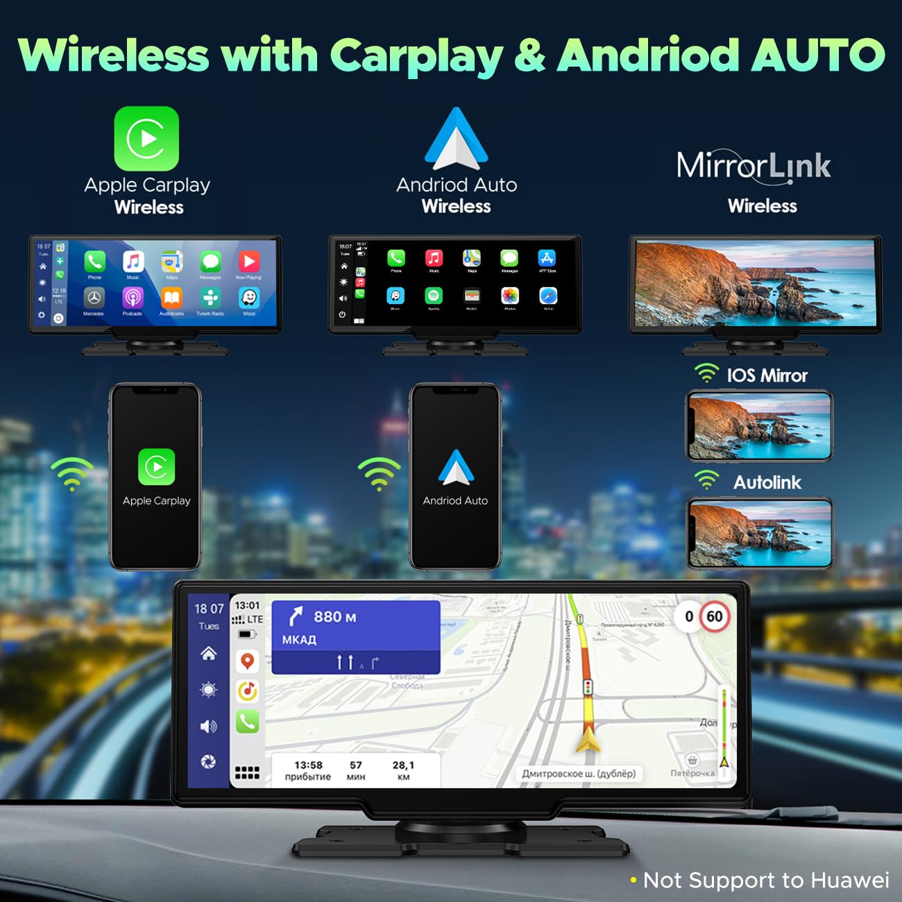 Lamtto 9.26'' Wireless Car Stereo Apple Carplay With 2.5K Dash Cam, 1080P Backup Camera, Portable Touchscreen Gps Navigation For